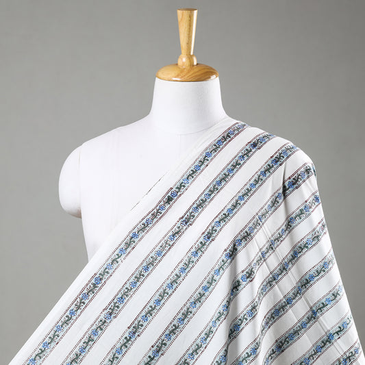 Multicolor - Blue Florets Striped Design Sanganeri Block Printed Cotton Fabric