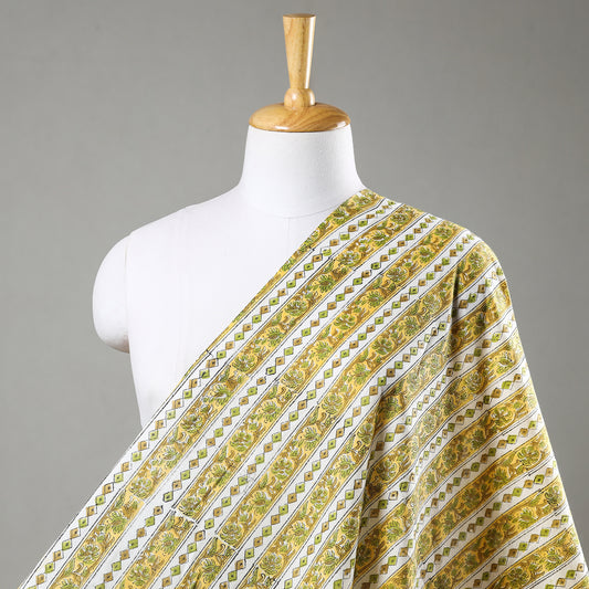 Patterned Border In Yellow & White Sanganeri Block Printed Cotton Fabric