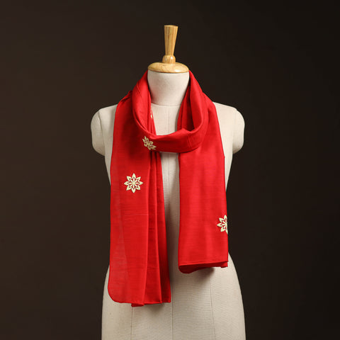 Red - slub silk hand embroidered plain stole 07
