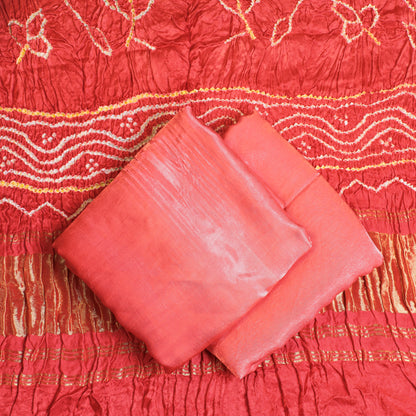 Red - 3pc Plain Modal Silk Suit Material Set with Bandhani Lagdi Patta Dupatta