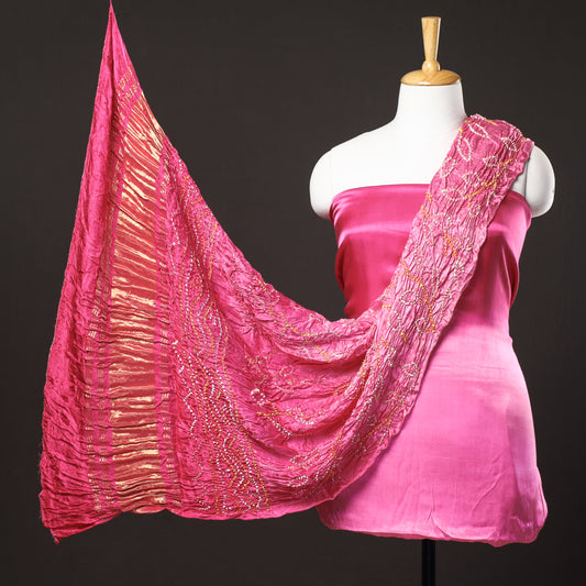 Pink - 3pc Plain Modal Silk Suit Material Set with Bandhani Lagdi Patta Dupatta