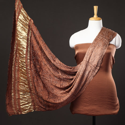 Brown - 3pc Plain Modal Silk Suit Material Set with Bandhani Lagdi Patta Dupatta