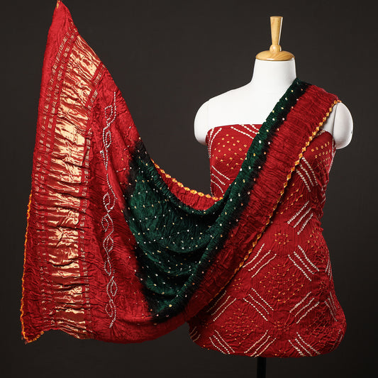 Red - 3pc Kutch Bandhani Tie-Dye Modal Silk Suit Material Set with Lagdi Patta Dupatta
