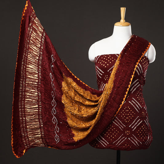 Maroon - 3pc Kutch Bandhani Tie-Dye Modal Silk Suit Material Set with Lagdi Patta Dupatta