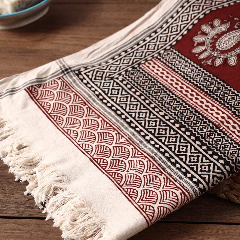 Red - Bagh Hand Block Printed Handloom Cotton Towel