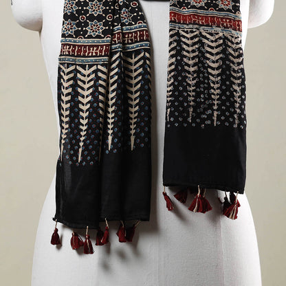 Black - Ajrakh Hand Block Printed Modal Silk Stole with Tassels