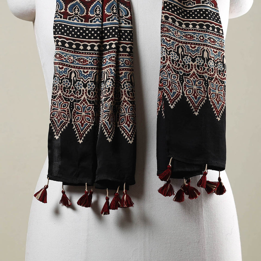 Black - Ajrakh Hand Block Printed Modal Silk Stole with Tassels