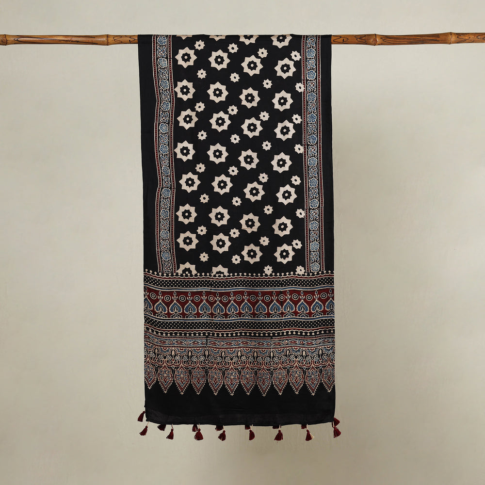 Black - Ajrakh Hand Block Printed Modal Silk Stole with Tassels