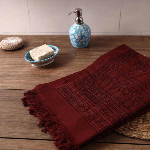 Red - Bagh Hand Block Printed Handloom Cotton Towel