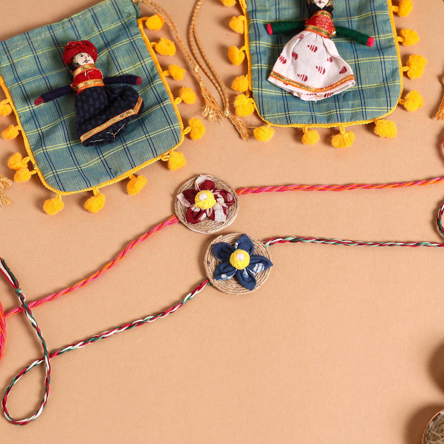  Handmade Fabric Flower Jute Rakhi (Set of 2)
