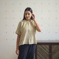 Beige - Drop Shoulder Handwoven Stripes Cotton Top 08