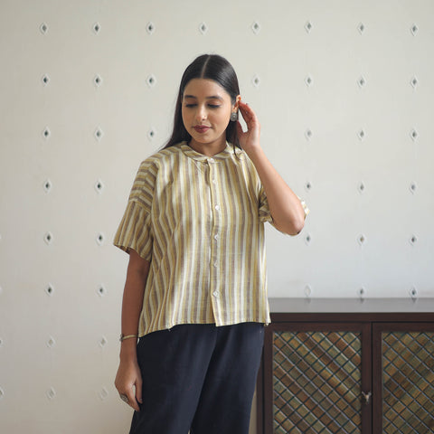 Beige - Drop Shoulder Handwoven Stripes Cotton Top 08