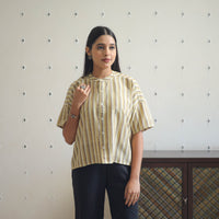 Beige - Drop Shoulder Handwoven Stripes Cotton Top 08