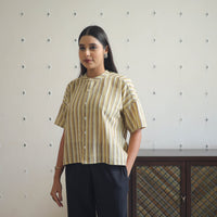 Beige - Drop Shoulder Handwoven Stripes Cotton Top 08