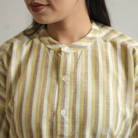 Beige - Drop Shoulder Handwoven Stripes Cotton Top 08