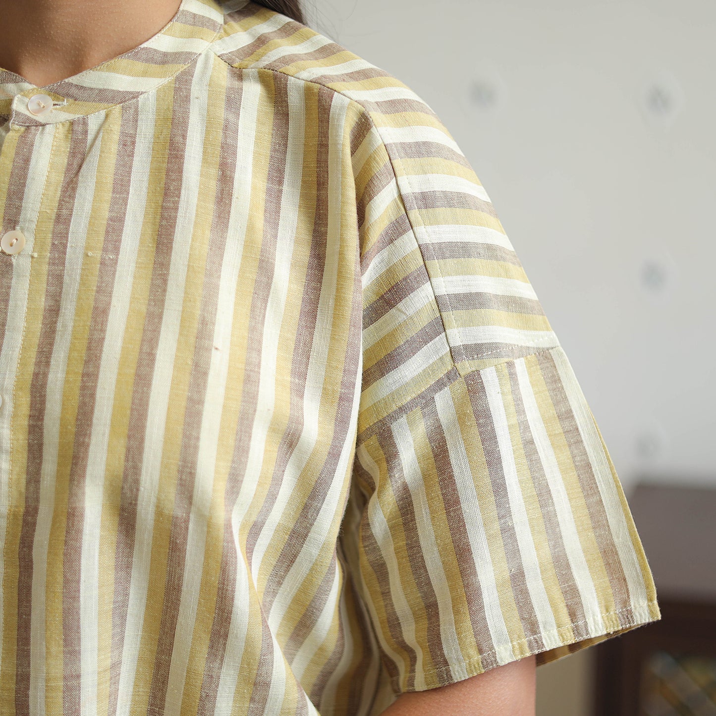 Beige - Drop Shoulder Handwoven Stripes Cotton Top 08