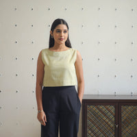 Beige - Handwoven Cotton Plain Crop Top with Side Buttons 04