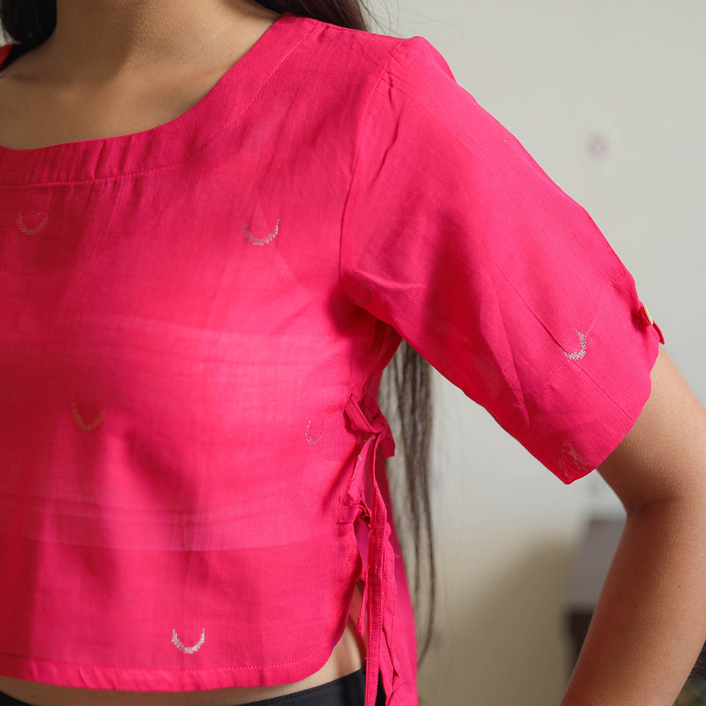 Pink - Handwoven Zari Buti Cotton Jamdani Blouse 01