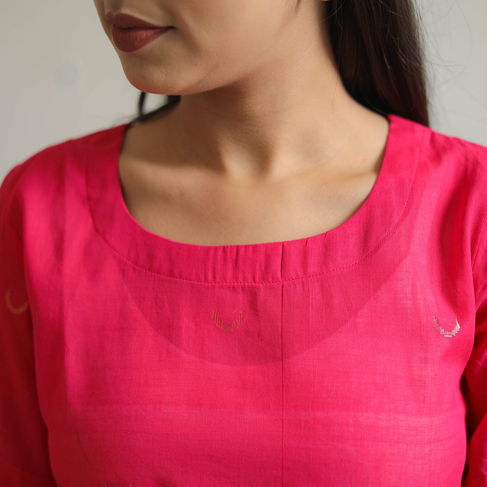 Pink - Handwoven Zari Buti Cotton Jamdani Blouse 01