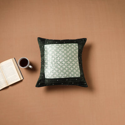 Green - Kutch Tagai Patchwork Ajrakh Mashru Silk Cushion Cover (16 x 16 in) 01