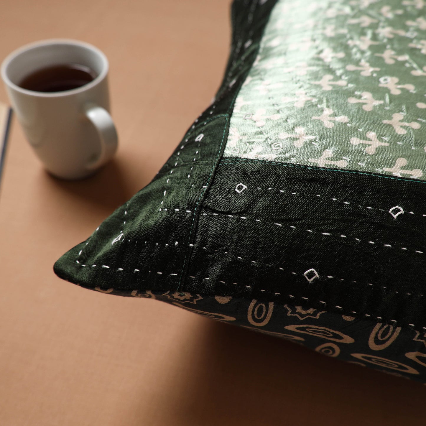 Green - Kutch Tagai Patchwork Ajrakh Mashru Silk Cushion Cover (16 x 16 in) 01