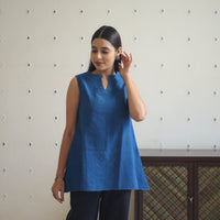 Blue - Handwoven Cotton Short Sleeveless Slit Plain Kurta 12