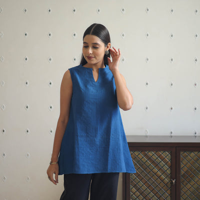 Blue - Handwoven Cotton Short Sleeveless Slit Plain Kurta 12