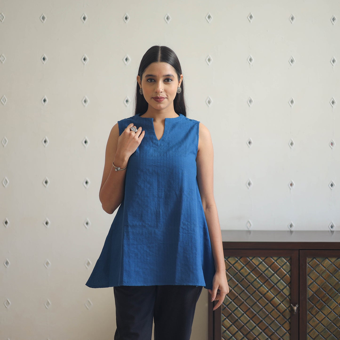 Blue - Handwoven Cotton Short Sleeveless Slit Plain Kurta 12