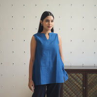 Blue - Handwoven Cotton Short Sleeveless Slit Plain Kurta 12