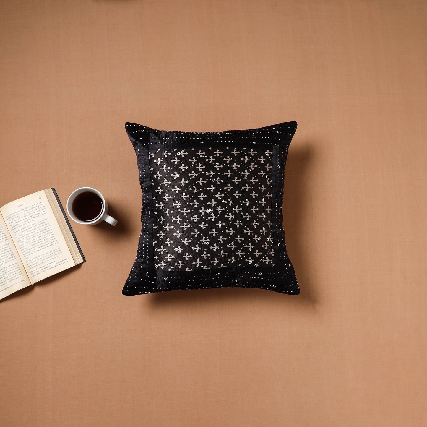 Black - Kutch Tagai Patchwork Ajrakh Mashru Silk Cushion Cover (16 x 16 in) 02