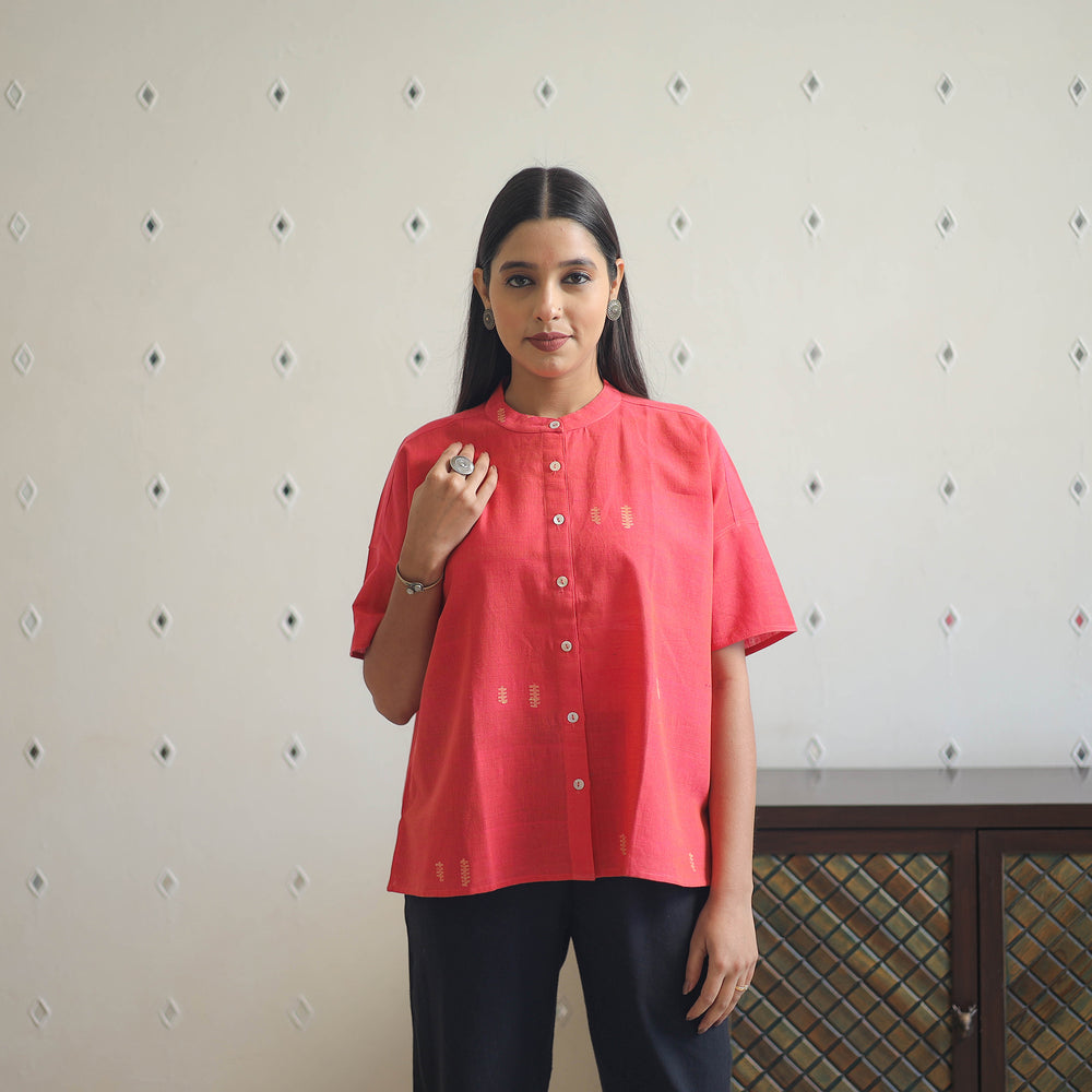 Pink - Drop Shoulder Handwoven Cotton Jamdani Top 07