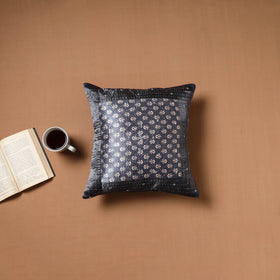 Grey - Kutch Tagai Patchwork Ajrakh Mashru Silk Cushion Cover (16 x 16 in) 03