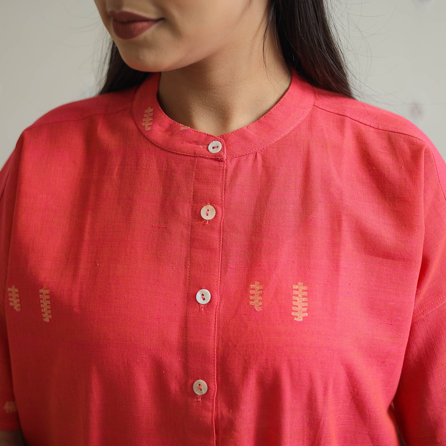 Pink - Drop Shoulder Handwoven Cotton Jamdani Top 07