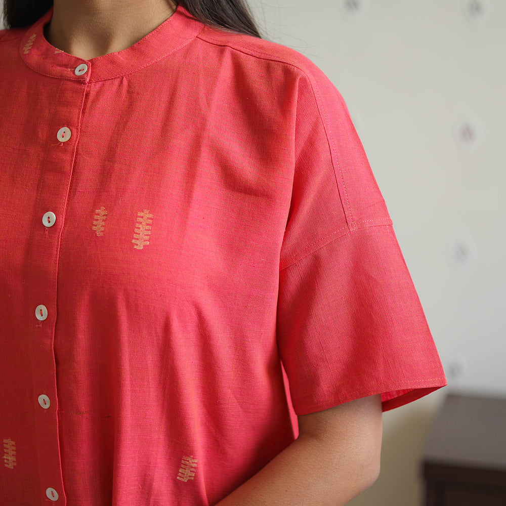 Pink - Drop Shoulder Handwoven Cotton Jamdani Top 07