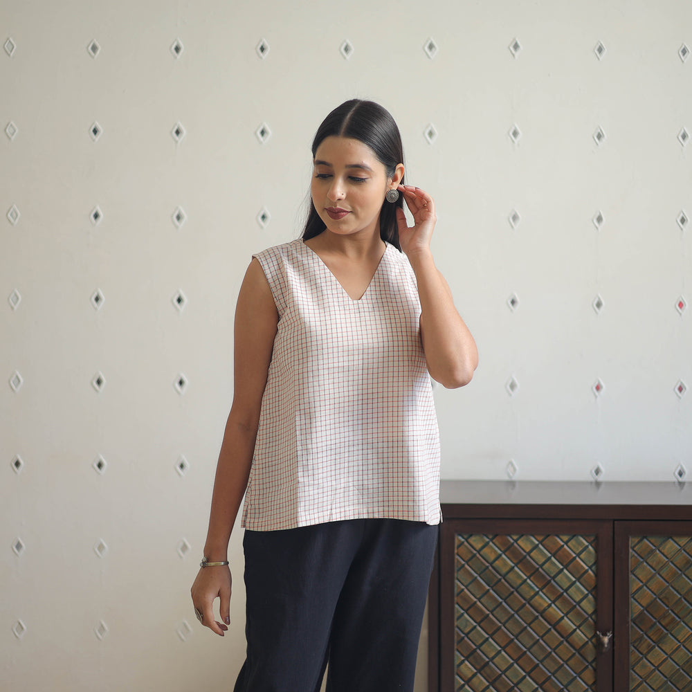 White - Handwoven Sleeveless Checks Cotton Top 14