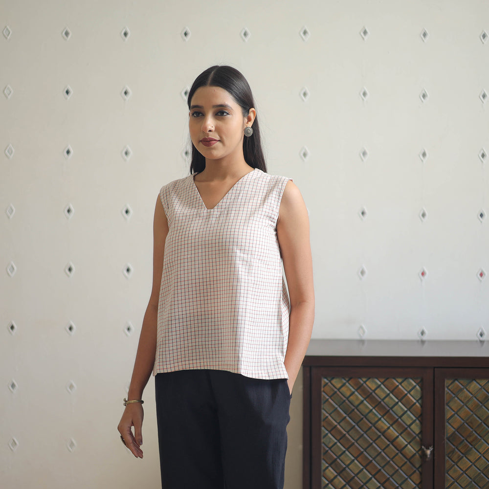 White - Handwoven Sleeveless Checks Cotton Top 14