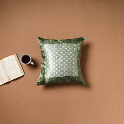 Green - Kutch Tagai Patchwork Ajrakh Mashru Silk Cushion Cover (16 x 16 in) 04
