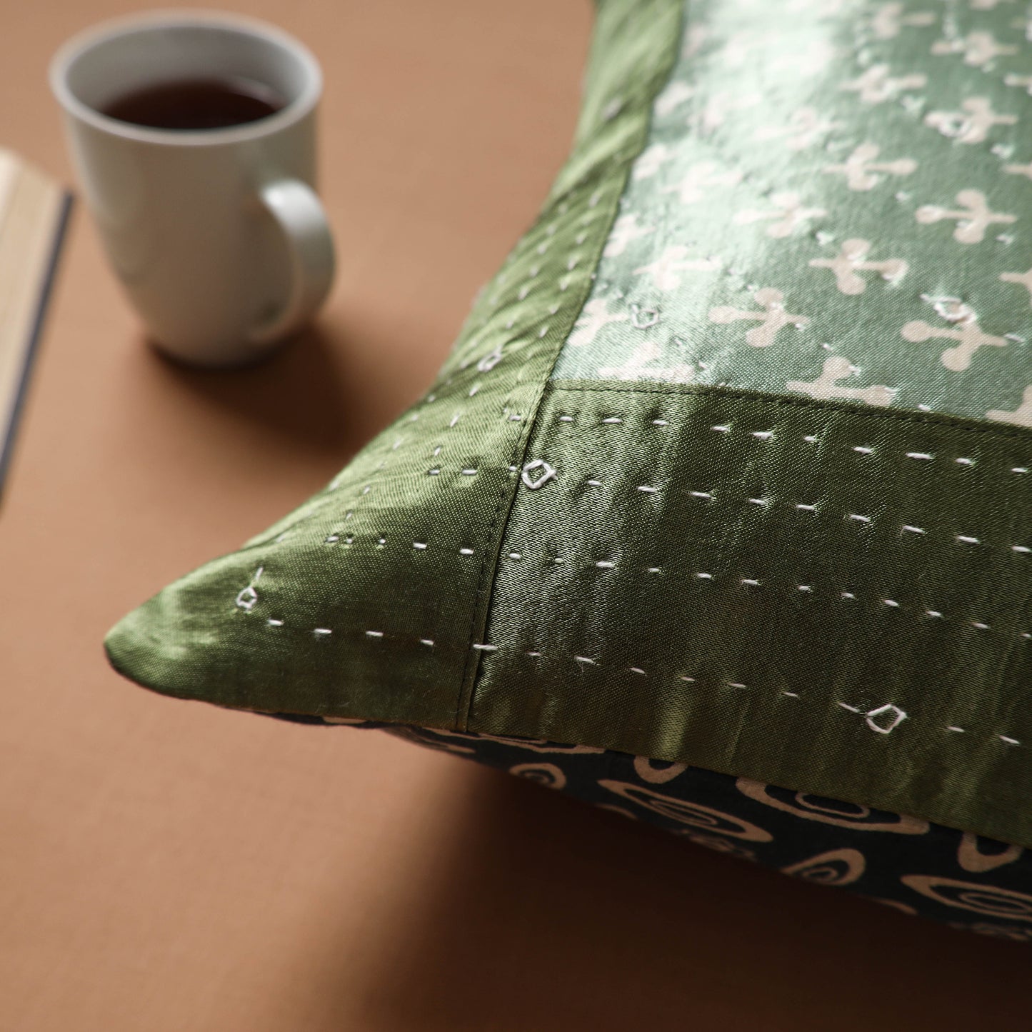 Green - Kutch Tagai Patchwork Ajrakh Mashru Silk Cushion Cover (16 x 16 in) 04
