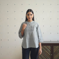 Grey - Handwoven Cotton Pintuck Short Kurta 11