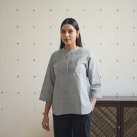 Grey - Handwoven Cotton Pintuck Short Kurta 11