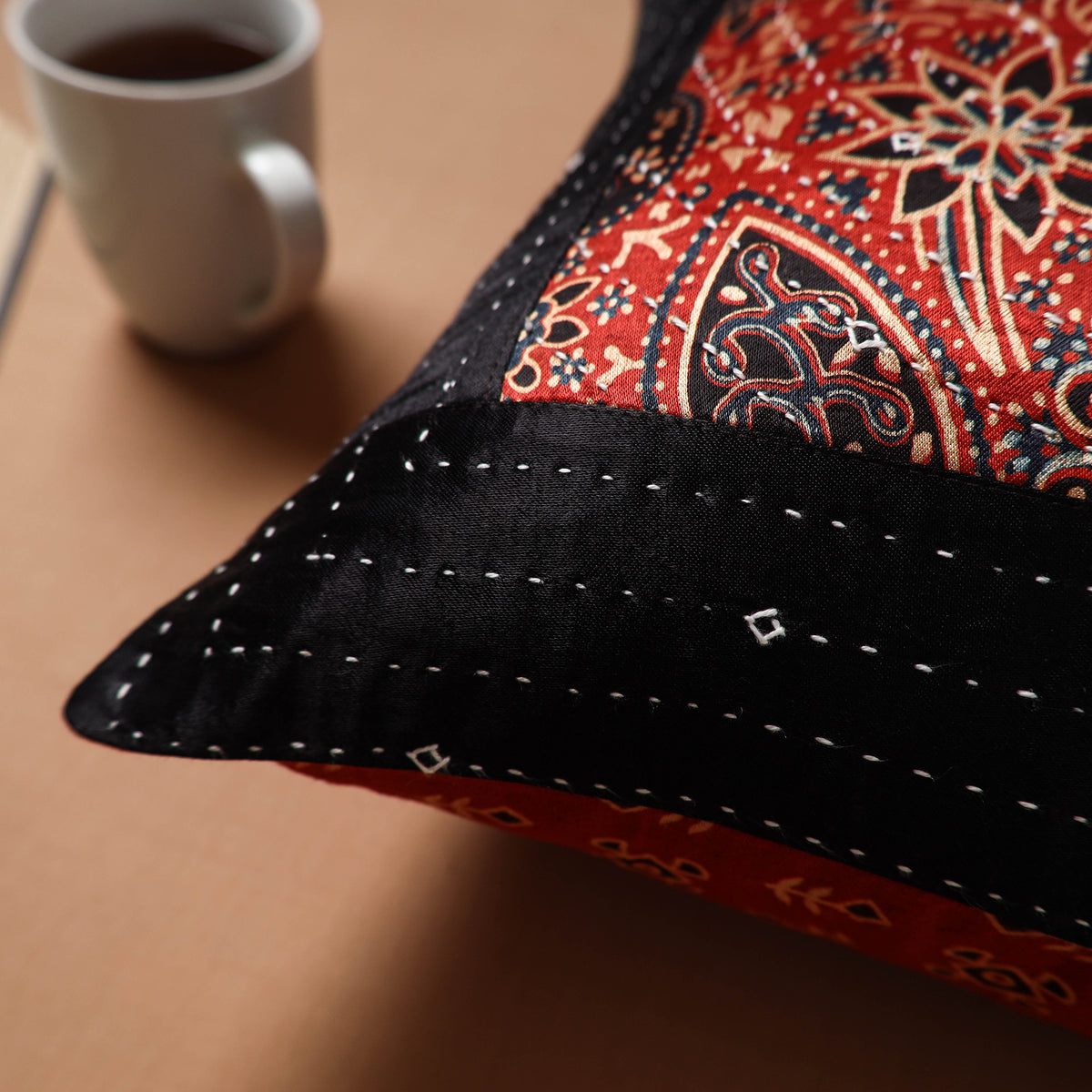 Multicolor - Kutch Tagai Patchwork Ajrakh Mashru Silk Cushion Cover (16 x 16 in) 05