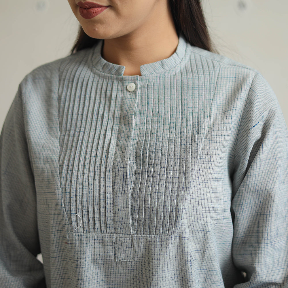 Grey - Handwoven Cotton Pintuck Short Kurta 11