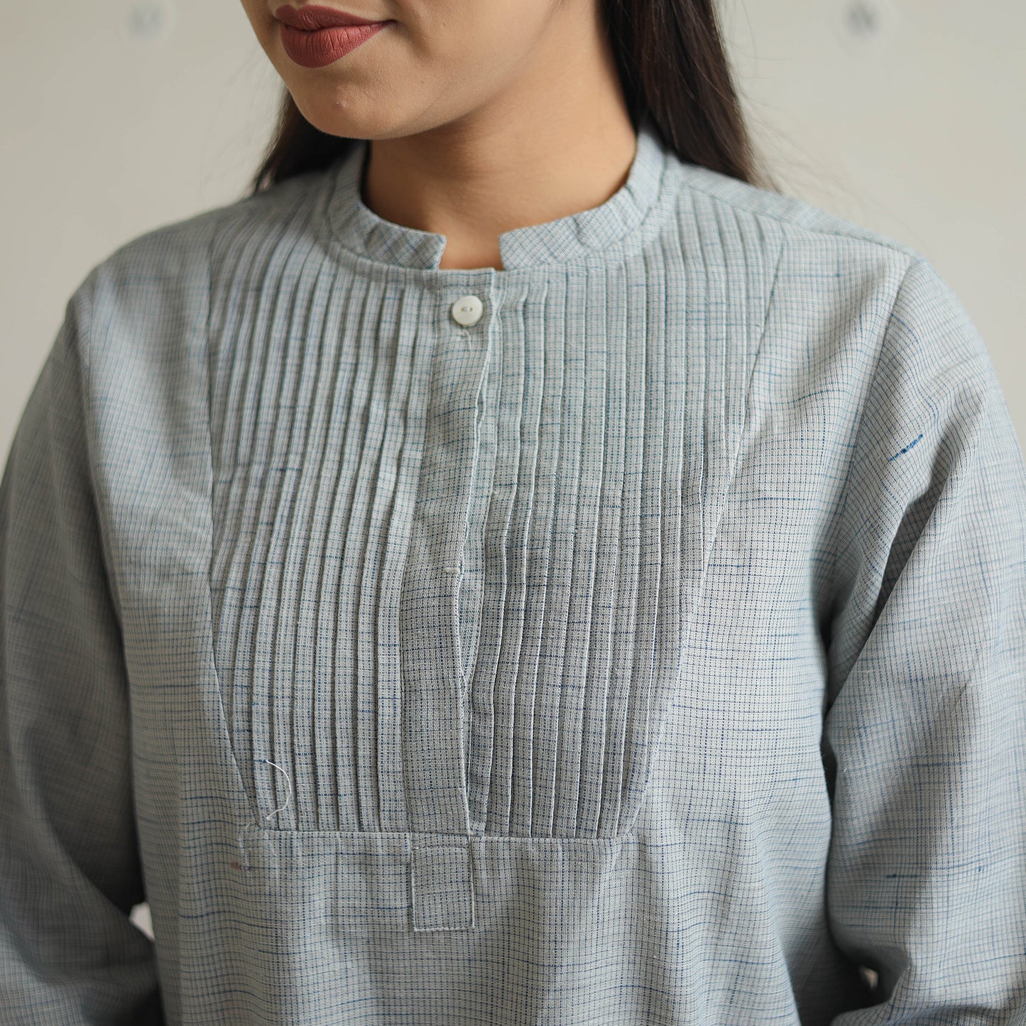 Grey - Handwoven Cotton Pintuck Short Kurta 11