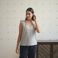 Grey - Handwoven Sleeveless Stripes Cotton Top 13