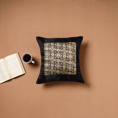 Black - Kutch Tagai Patchwork Ajrakh Mashru Silk Cushion Cover (16 x 16 in) 06