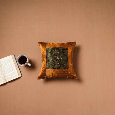Brown - Kutch Tagai Patchwork Ajrakh Mashru Silk Cushion Cover (12 x 12 in) 07