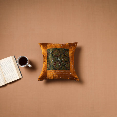 Brown - Kutch Tagai Patchwork Ajrakh Mashru Silk Cushion Cover (12 x 12 in) 07