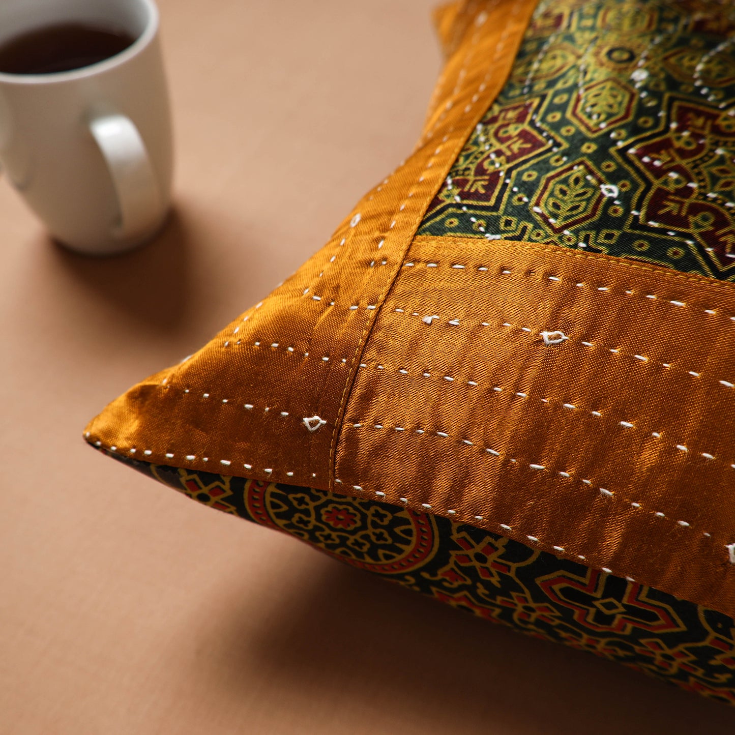 Brown - Kutch Tagai Patchwork Ajrakh Mashru Silk Cushion Cover (12 x 12 in) 07