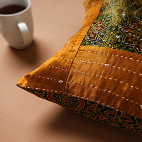 Brown - Kutch Tagai Patchwork Ajrakh Mashru Silk Cushion Cover (12 x 12 in) 07