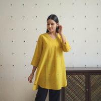 Yellow - Handwoven Cotton U Cut Short Jamdani Kurta 27